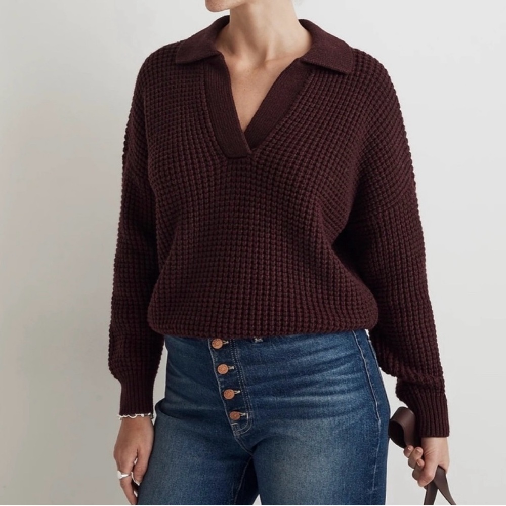 Madewell waffle knit Henley V-Neck Sweater currant size L